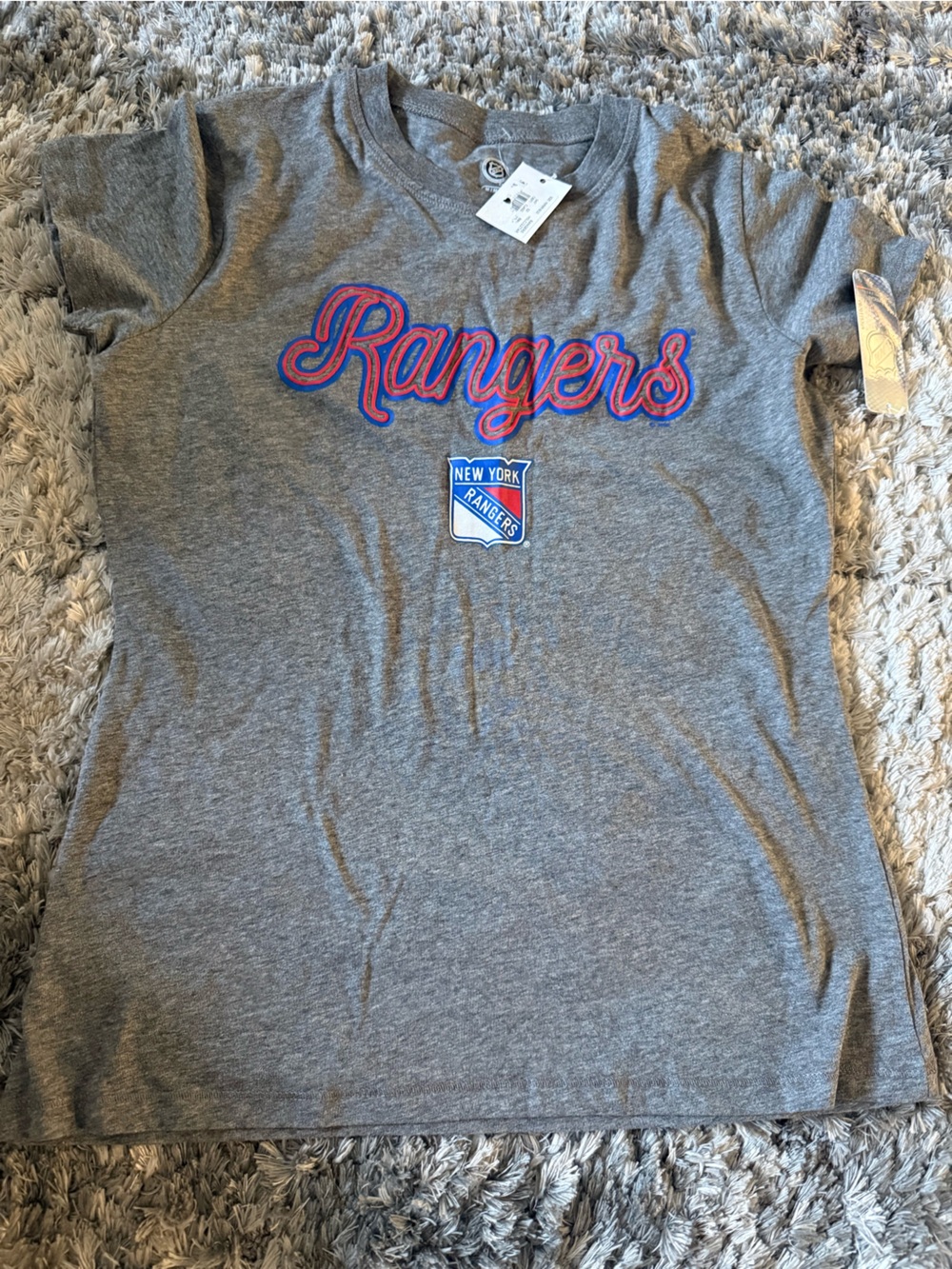 Mitchell & Ness Gray Rangers Graphic Tee with Blue & Red Script